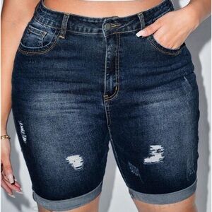 SHEIN Essnce Plus High Waist Ripped Roll Up Hem Denim Shorts